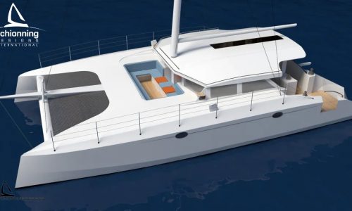 External CAD Render - Arrow 1500 Sailing Catamaran Commercial Design - SDI Arial Port Side View